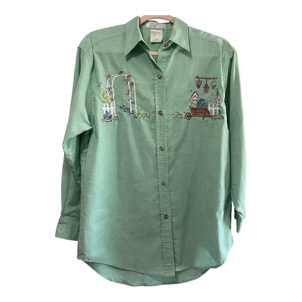 VTG Mandal Bay Embroidered Garden Button Shirt Womens Sz S/M Green Retro 90s Y2K